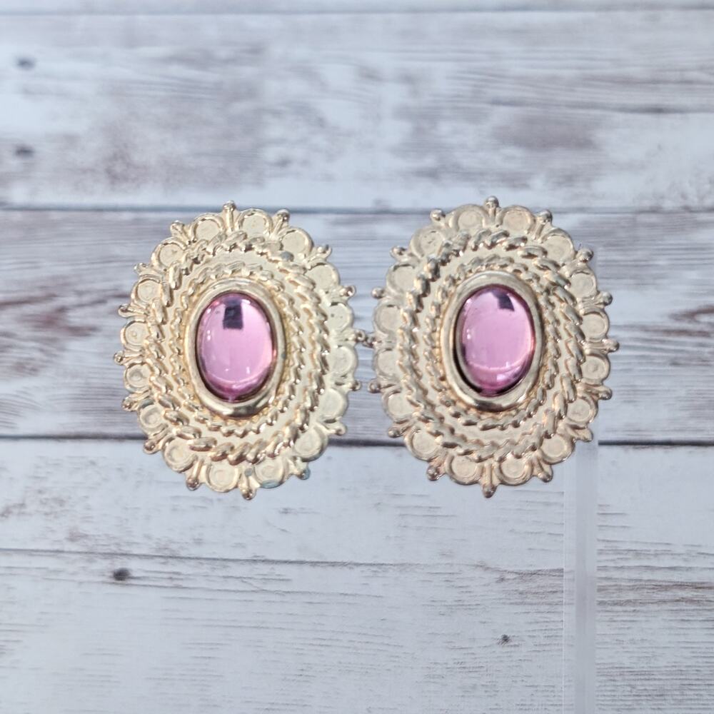 Vintage Clip On Earrings 1.5" Extra Large Statement Gold Tone & Pink